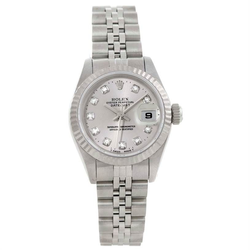 This image shows a front view of a Rolex Datejust 69174 Women
s Stainless Steel Silver Dial 69174 Women
s Stainless Steel Silver Dial watch, displaying the dial, bezel, and metal bracelet.