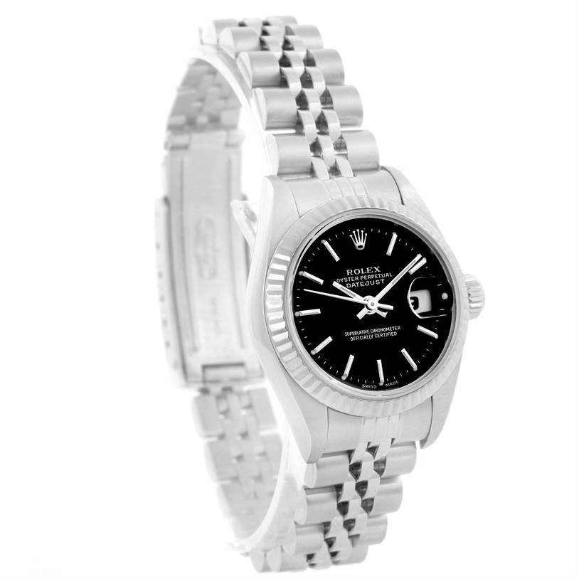 The image shows a Rolex Datejust 79174 Women's Stainless Steel Black Dial 79174 Women's Stainless Steel Black Dial watch from an angled side view, highlighting the face, bezel, and bracelet.