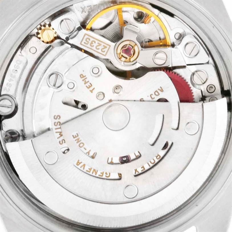 The image shows the internal movement mechanism of a Rolex Datejust 79174 Women's Stainless Steel Black Dial 79174 Women's Stainless Steel Black Dial watch from a close-up angle.