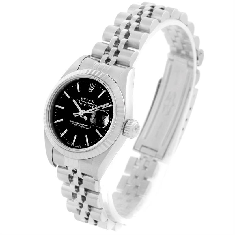 The image shows a Rolex Datejust 79174 Women's Stainless Steel Black Dial 79174 Women's Stainless Steel Black Dial watch from a side angle, featuring the watch face, bezel, crown, and bracelet.