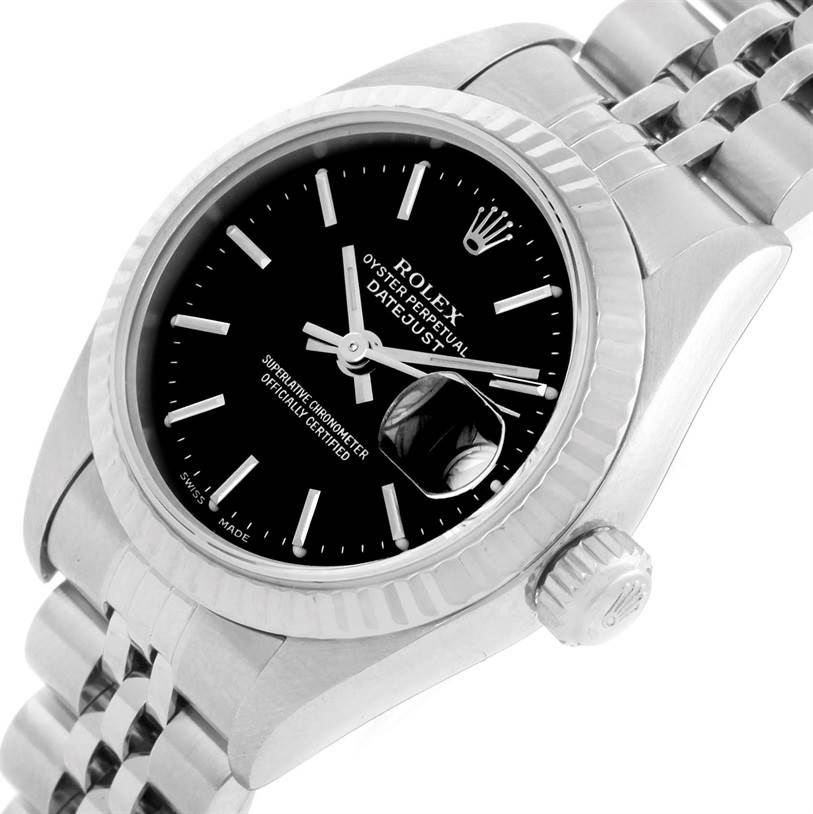 The image shows a close-up angled view of a Rolex Datejust 79174 Women's Stainless Steel Black Dial 79174 Women's Stainless Steel Black Dial watch, highlighting the dial, bezel, crown, and part of the bracelet.