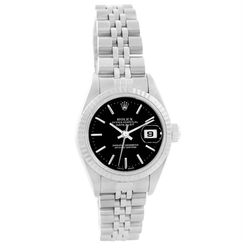 The Rolex Datejust 79174 Women's Stainless Steel Black Dial 79174 Women's Stainless Steel Black Dial watch is shown from a front angle, highlighting the dial, bracelet, and date window.