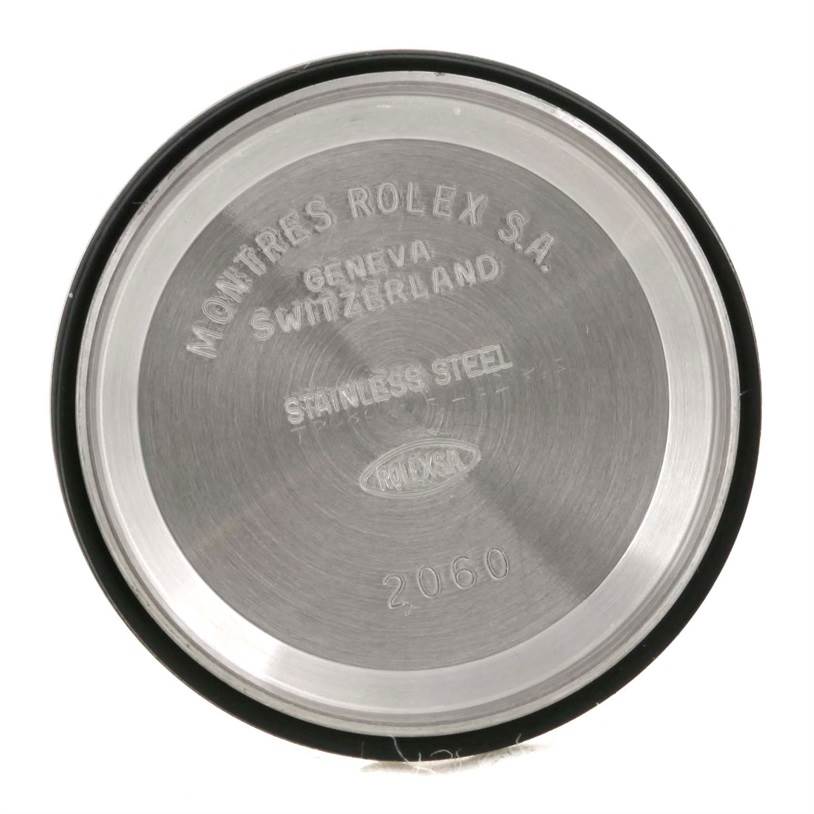 This image shows the stainless steel case back of a Rolex Datejust 79174 Women
s Stainless Steel Blue Dial 79174 Women
s Stainless Steel Blue Dial watch from an overhead angle.