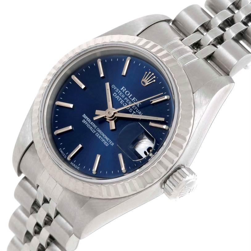 This image shows a close-up angle of a Rolex Datejust 79174 Women
s Stainless Steel Blue Dial 79174 Women
s Stainless Steel Blue Dial watch, highlighting the dial, bezel, crown, and part of the bracelet.
