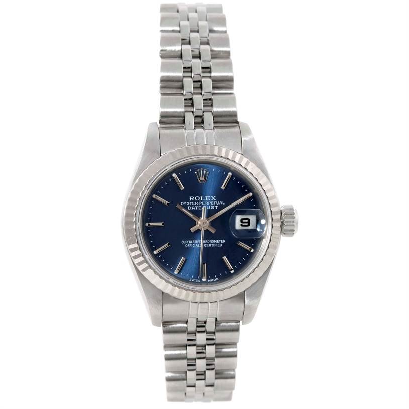 This image shows a Rolex Datejust 79174 Women
s Stainless Steel Blue Dial 79174 Women
s Stainless Steel Blue Dial watch from a front angle, featuring its dial, bezel, bracelet, and crown.