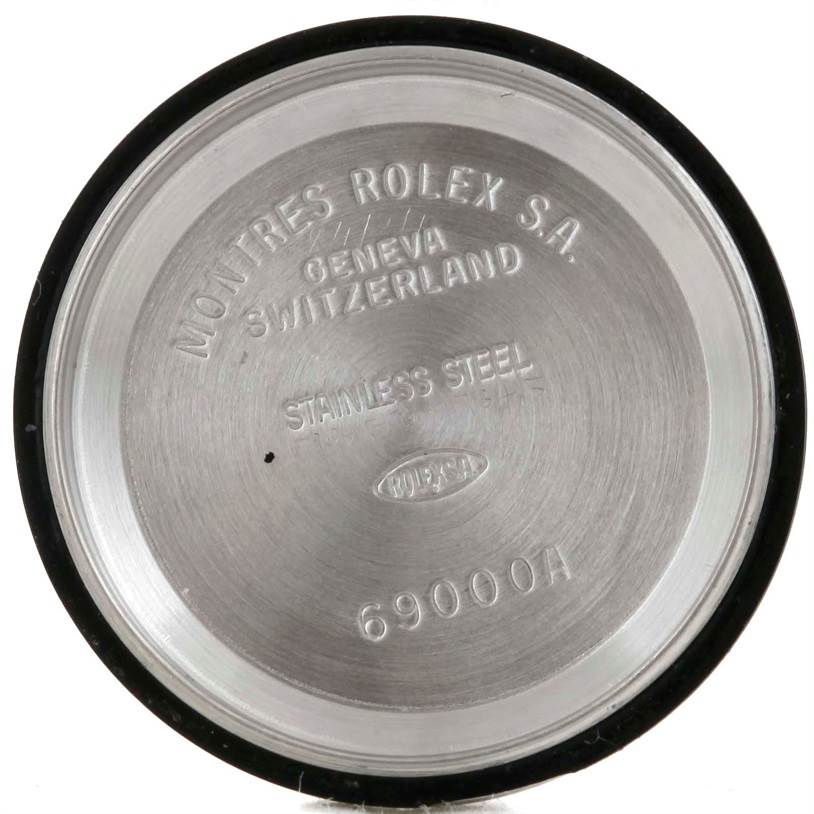 The image shows the inside case back of a Rolex Datejust 69173 Women's Stainless Steel White Dial 69173 Women's Stainless Steel White Dial watch model, displaying the brand, origin, material, and model number.