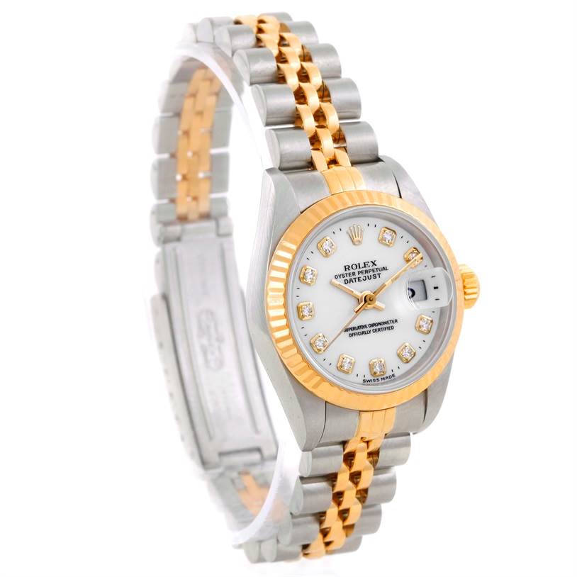 The Rolex Datejust 69173 Women's Stainless Steel White Dial 69173 Women's Stainless Steel White Dial watch is shown at a slight angle, highlighting its two-tone bracelet and diamond hour markers.