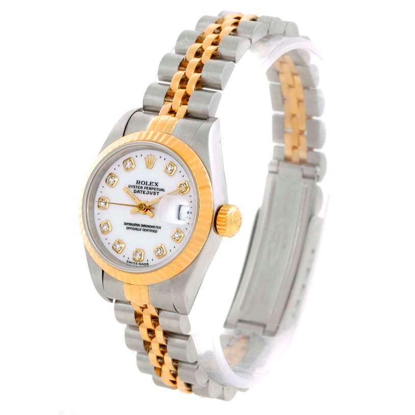 The image shows a Rolex Datejust 69173 Women's Stainless Steel White Dial 69173 Women's Stainless Steel White Dial watch at an oblique top angle, showcasing its two-tone bracelet, dial, crown, and fluted bezel.