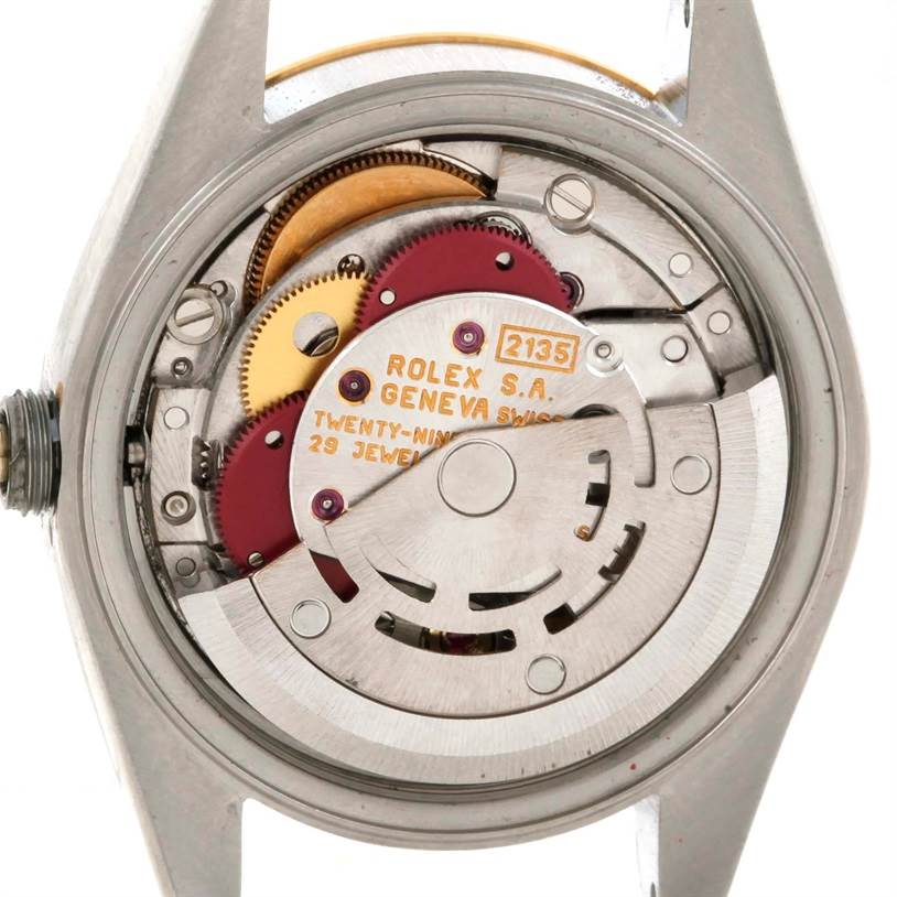 This image shows the internal mechanism and movement parts of a Rolex Datejust 69173 Women's Stainless Steel White Dial 69173 Women's Stainless Steel White Dial watch viewed from the back side.