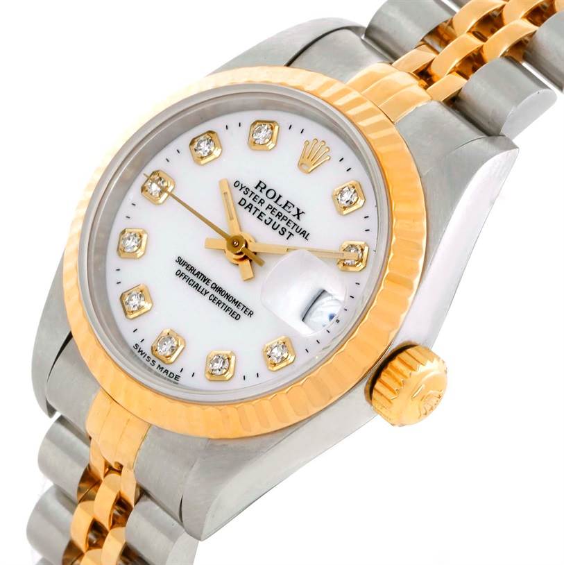 The image shows a close-up view of the Rolex Datejust 69173 Women's Stainless Steel White Dial 69173 Women's Stainless Steel White Dial watch, focusing on its face, bezel, crown, and part of the bracelet.