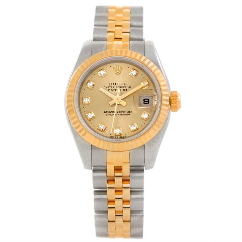 The image shows a Rolex Datejust 179173 Women's Steel and Gold (two tone) Champagne Dial 179173 Women's Steel and Gold (two tone) Champagne Dial watch from a front angle, featuring a gold and stainless steel bracelet, bezel, and diamond hour markers.
