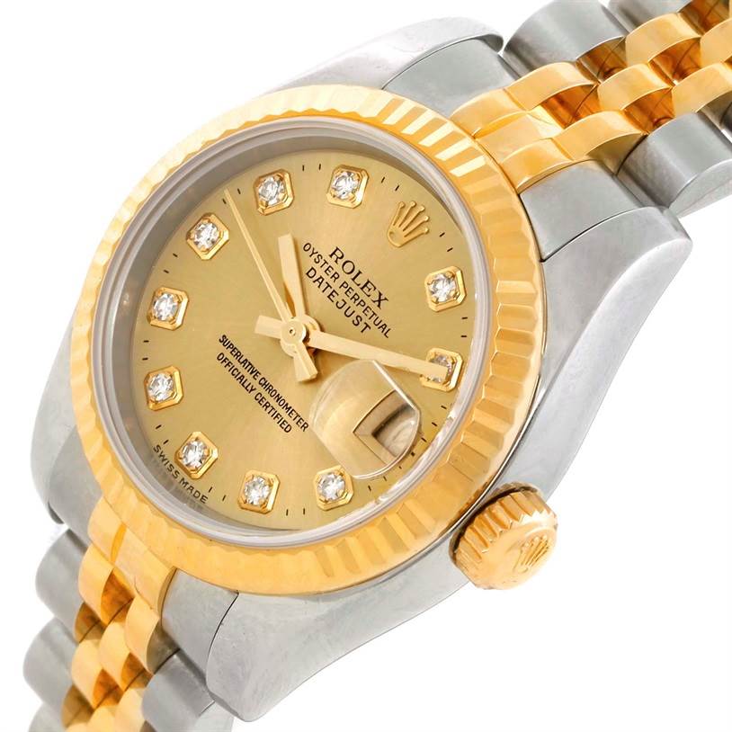 This image shows a close-up angled view of the Rolex Datejust 179173 Women's Steel and Gold (two tone) Champagne Dial 179173 Women's Steel and Gold (two tone) Champagne Dial model, highlighting the bezel, dial with diamond hour markers, and jubilee bracelet.