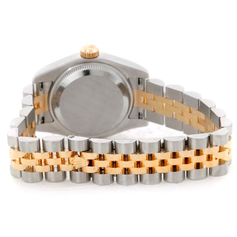 This image shows the back of the Rolex Datejust 179173 Women's Steel and Gold (two tone) Champagne Dial 179173 Women's Steel and Gold (two tone) Champagne Dial watch, featuring a two-tone Jubilee bracelet and the closed case back.