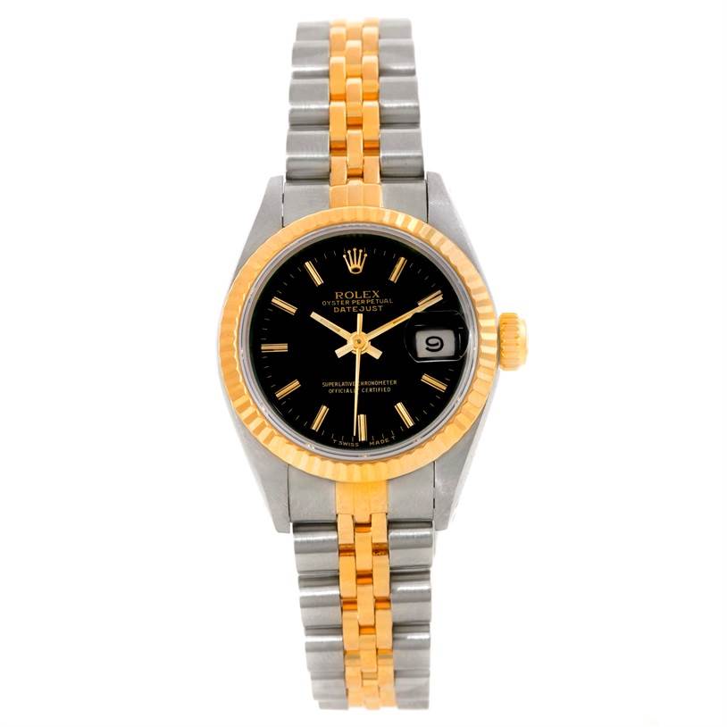 This Rolex Datejust 69173 Women's Stainless Steel Black Dial 69173 Women's Stainless Steel Black Dial watch is shown from a front angle, highlighting its dial, bezel, and bracelet.