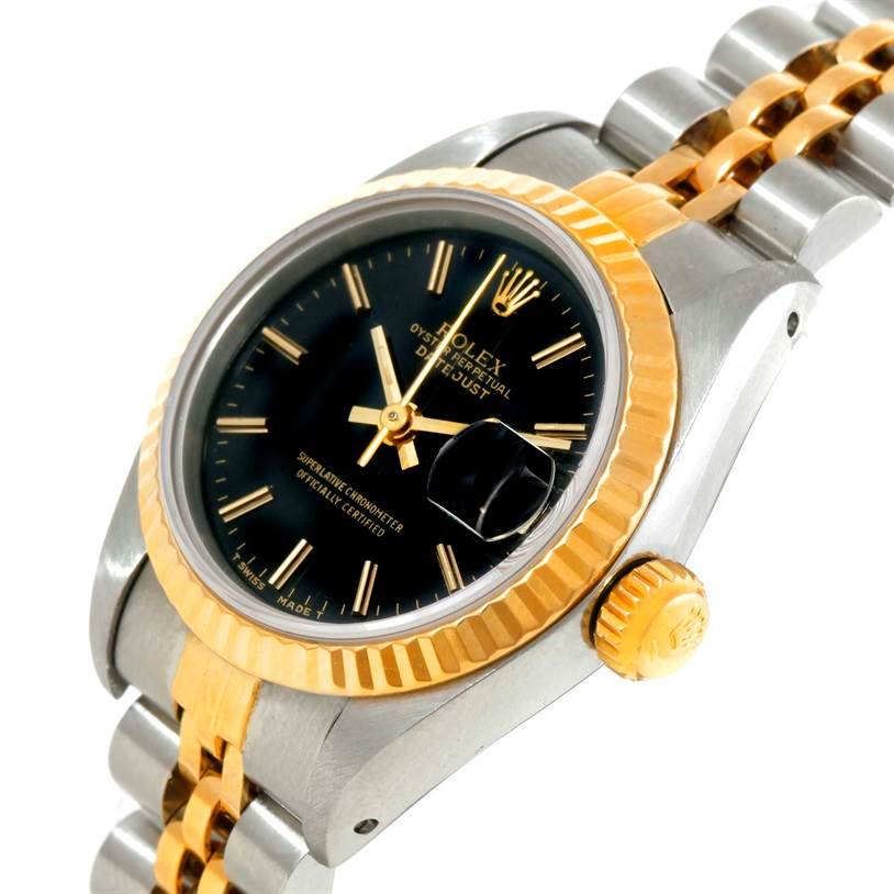 The angled view shows the Rolex Datejust 69173 Women's Stainless Steel Black Dial 69173 Women's Stainless Steel Black Dial watch face, bezel, crown, and part of the bracelet.