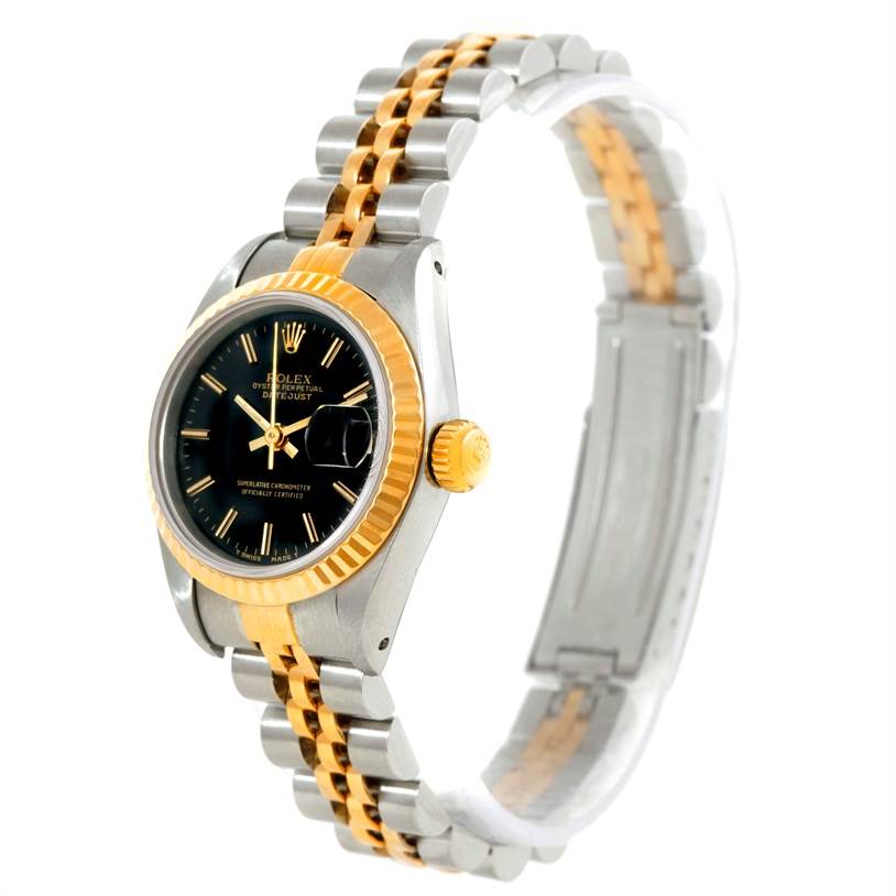 This Rolex Datejust 69173 Women's Stainless Steel Black Dial 69173 Women's Stainless Steel Black Dial watch is shown at an oblique angle displaying the face, bezel, crown, and two-tone bracelet.