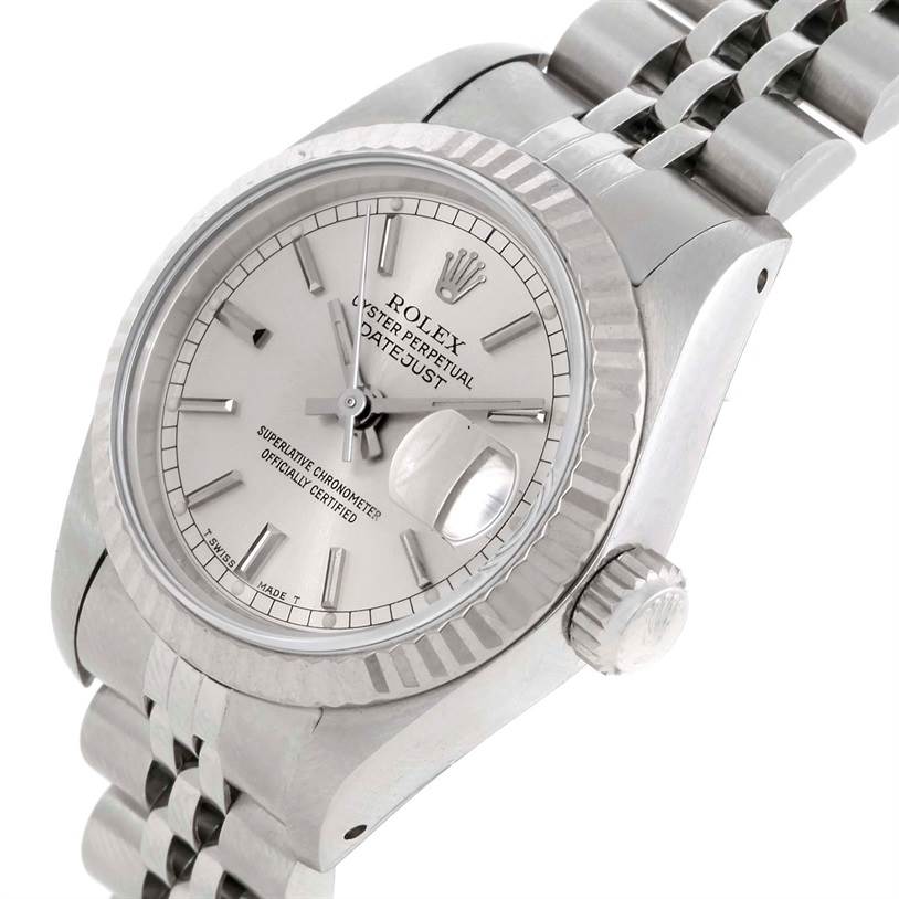 This image shows a Rolex Datejust 69174 Women's Stainless Steel Silver Dial 69174 Women's Stainless Steel Silver Dial watch at an angle that highlights the face, bezel, crown, and part of the bracelet.