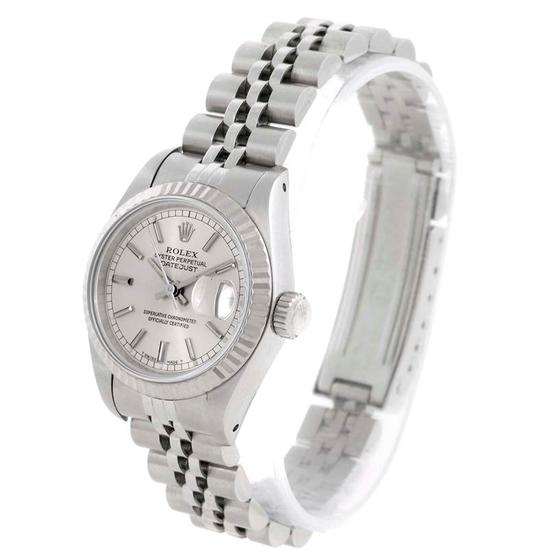 This image shows a Rolex Datejust 69174 Women's Stainless Steel Silver Dial 69174 Women's Stainless Steel Silver Dial watch at an angle displaying the dial, bezel, crown, and part of the jubilee bracelet.