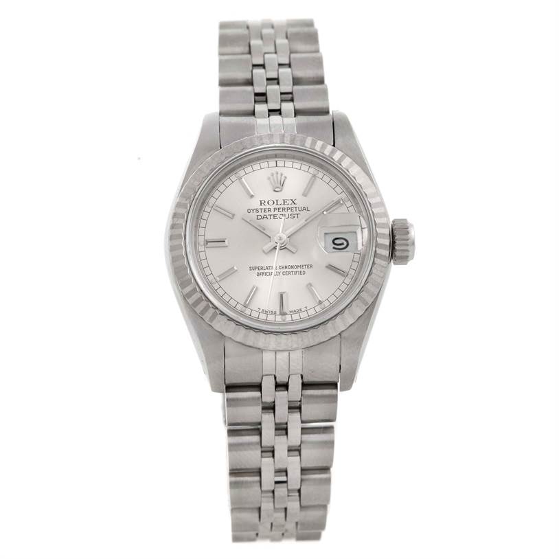 The image shows a front-view angle of a Rolex Datejust 69174 Women's Stainless Steel Silver Dial 69174 Women's Stainless Steel Silver Dial watch displaying its dial, bezel, bracelet, and crown.