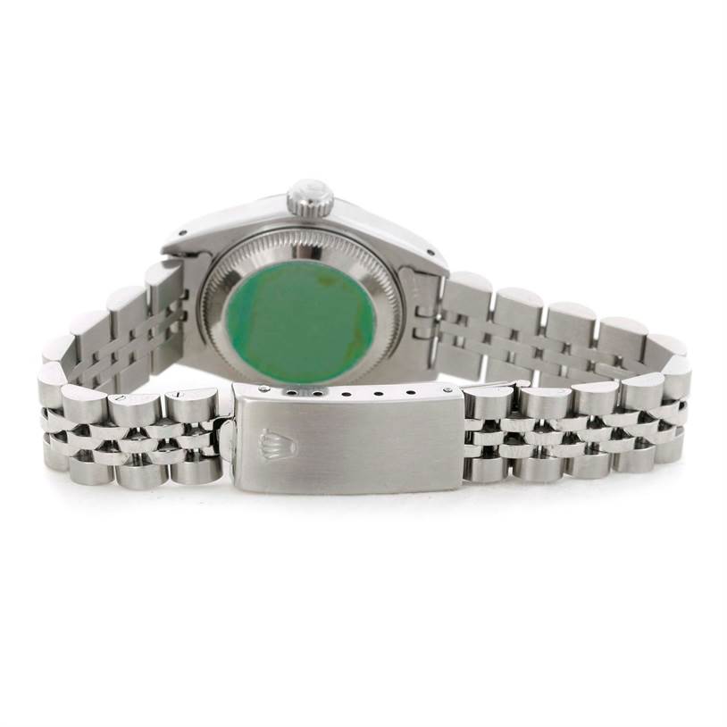 This image shows the back view of a Rolex Datejust 69174 Women's Stainless Steel Silver Dial 69174 Women's Stainless Steel Silver Dial watch, featuring its case back, bracelet, and clasp.