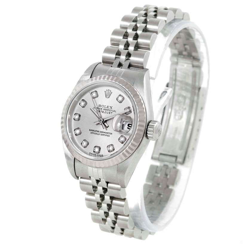 The image shows a Rolex Datejust 79174 Women's Stainless Steel Silver Dial 79174 Women's Stainless Steel Silver Dial watch from a slightly angled front view, highlighting the dial, bracelet, and crown.
