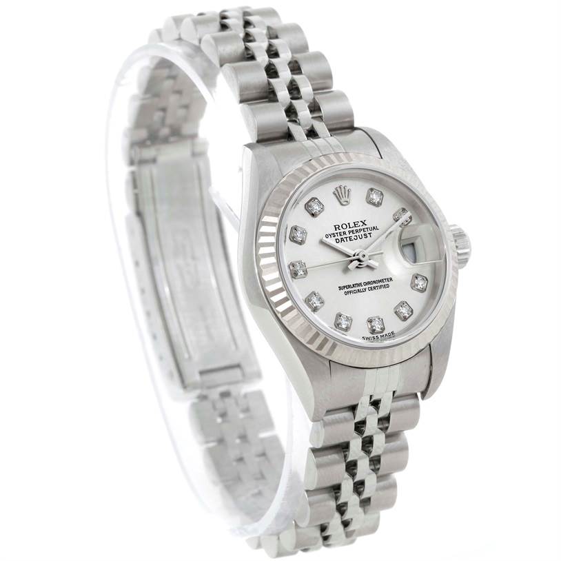 The image shows a Rolex Datejust 79174 Women's Stainless Steel Silver Dial 79174 Women's Stainless Steel Silver Dial watch at an angle highlighting the dial, bezel, and bracelet.