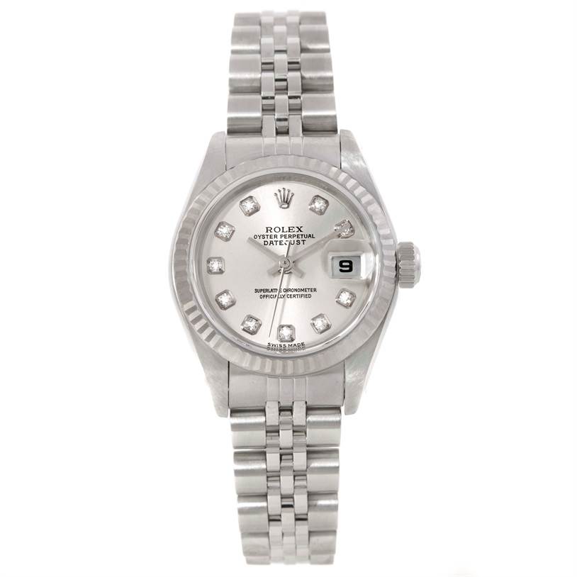 This Rolex Datejust 79174 Women's Stainless Steel Silver Dial 79174 Women's Stainless Steel Silver Dial watch is shown from a top-down angle, highlighting the dial, bezel, and bracelet.