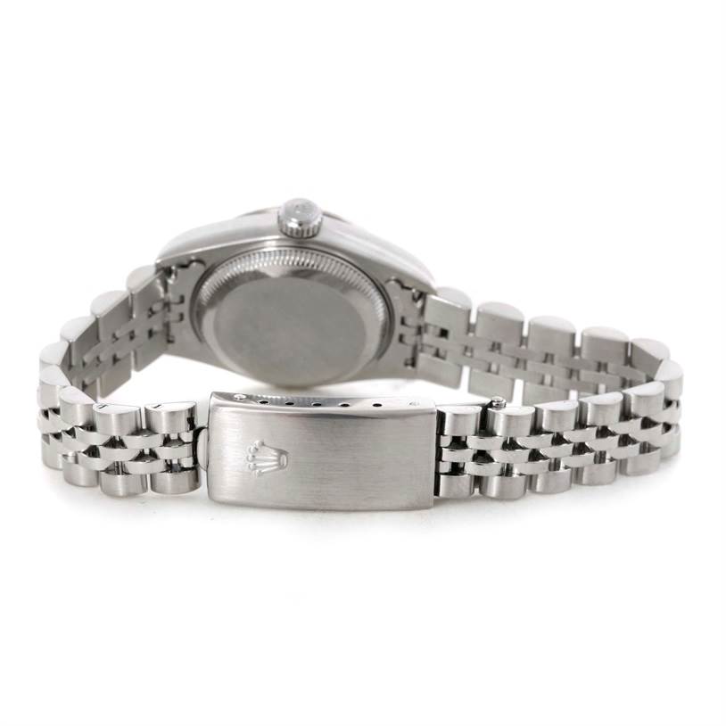 This image shows the back view of the Rolex Datejust 79174 Women's Stainless Steel Blue Dial 79174 Women's Stainless Steel Blue Dial watch, focusing on the case back and bracelet clasp.