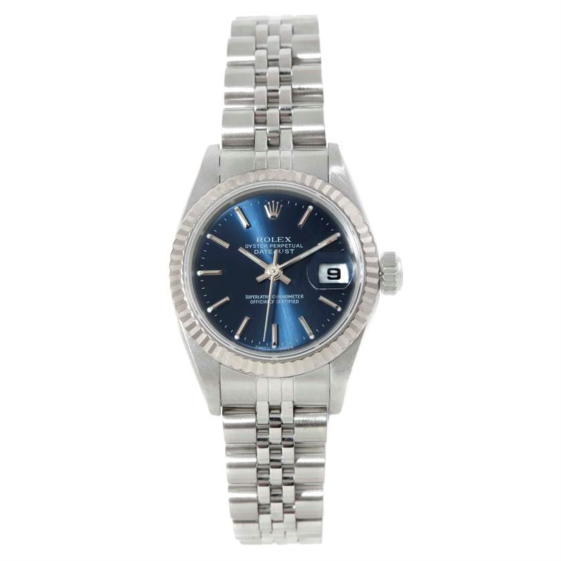This image shows the front view of a Rolex Datejust 79174 Women's Stainless Steel Blue Dial 79174 Women's Stainless Steel Blue Dial watch, displaying the dial, bezel, crown, and bracelet.