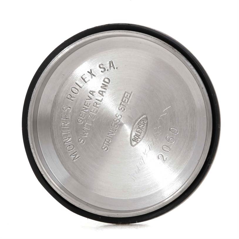 This image shows the inside case back of a Rolex Datejust 79174 Women's Stainless Steel Blue Dial 79174 Women's Stainless Steel Blue Dial watch, with engraved branding and stainless steel material information.