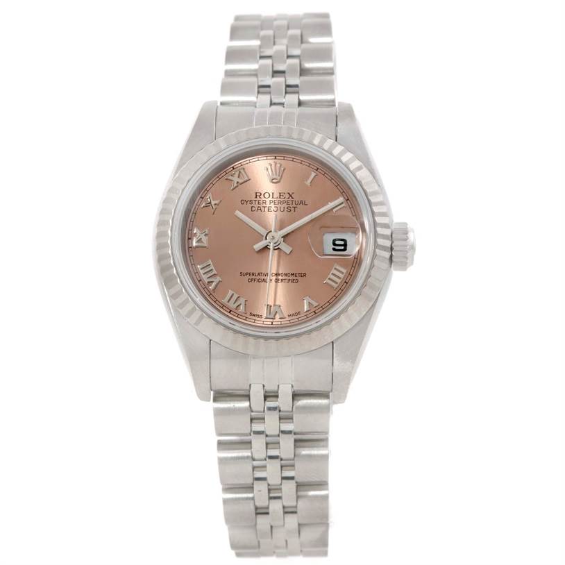 The image shows a front view of a Rolex Datejust 79174 Women's Stainless Steel Pink Dial 79174 Women's Stainless Steel Pink Dial watch, displaying the dial, bezel, bracelet, and crown.