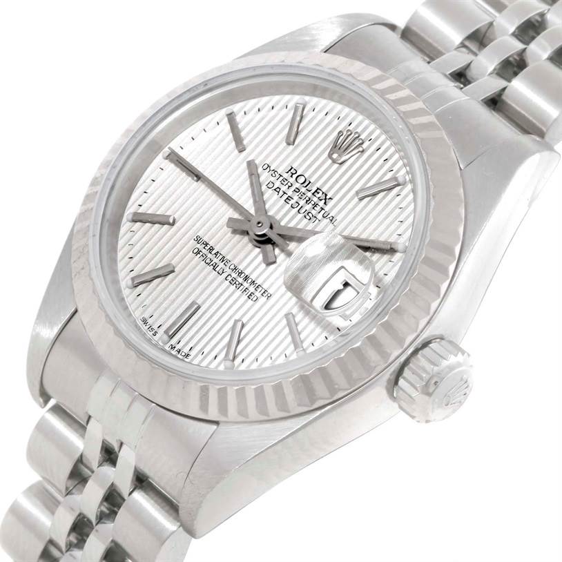 The image shows a Rolex Datejust 79174 Women's Stainless Steel Silver Dial 79174 Women's Stainless Steel Silver Dial watch angled to display the dial, date window, bezel, crown, and part of the bracelet.