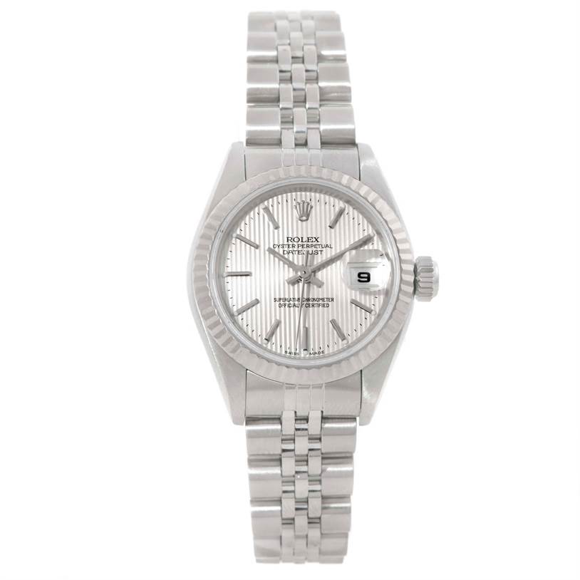 This image shows a front view of the Rolex Datejust 79174 Women's Stainless Steel Silver Dial 79174 Women's Stainless Steel Silver Dial watch, displaying the face, bezel, and bracelet.