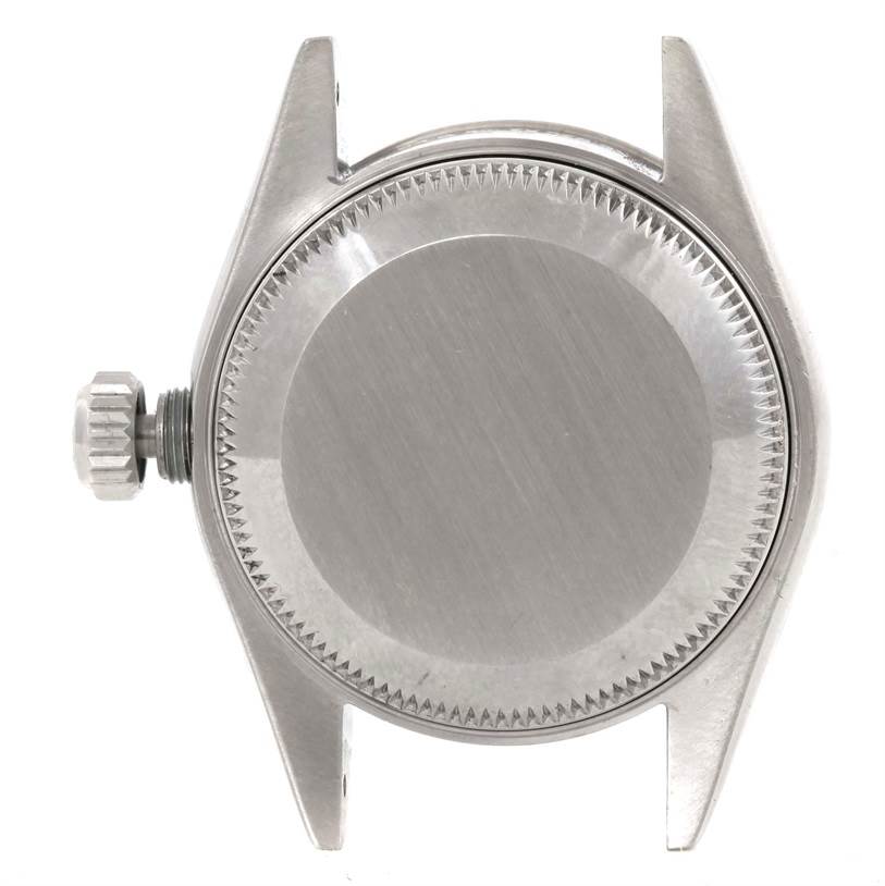 This image shows the front case and crown of a Rolex Datejust 79174 Women's Stainless Steel Silver Dial 79174 Women's Stainless Steel Silver Dial watch, captured from a top-down angle.