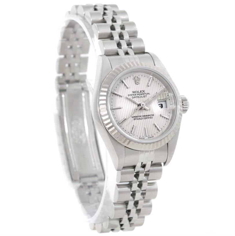 The Rolex Datejust 79174 Women's Stainless Steel Silver Dial 79174 Women's Stainless Steel Silver Dial watch is shown at a three-quarter angle, highlighting the dial, bezel, and bracelet.