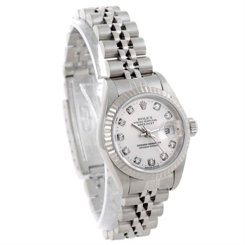 This Rolex Datejust 79174 Women's Stainless Steel Silver Dial 79174 Women's Stainless Steel Silver Dial watch is shown at an angled front view, highlighting the dial, bezel, bracelet, and clasp.