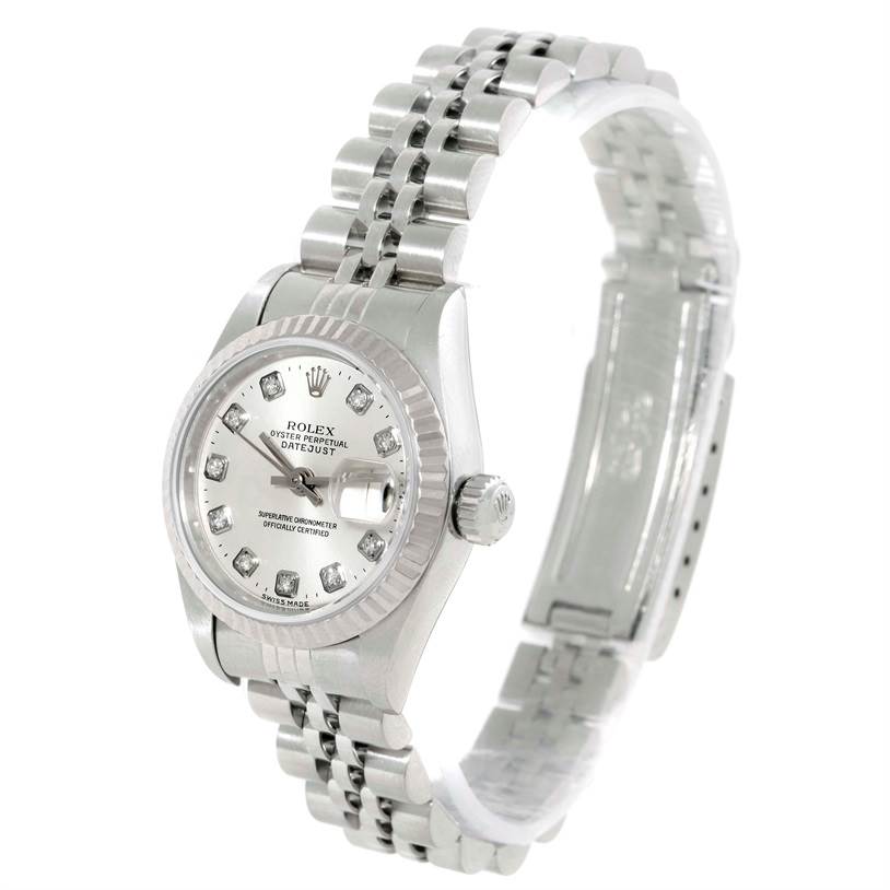 The image shows a Rolex Datejust 79174 Women's Stainless Steel Silver Dial 79174 Women's Stainless Steel Silver Dial watch at an angle displaying its face, crown, and bracelet.