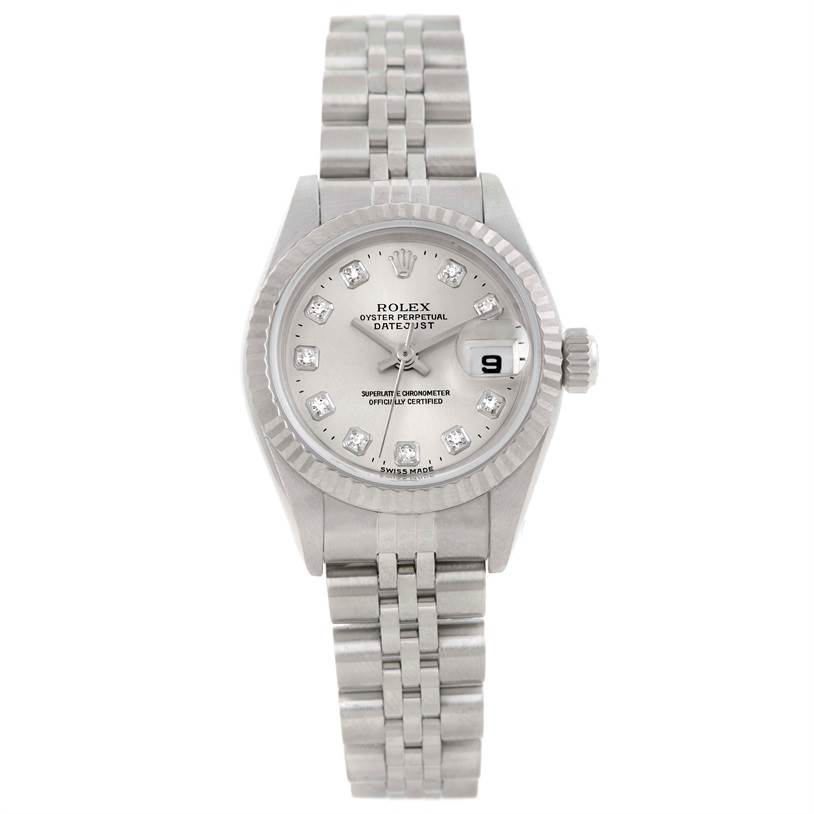 The image shows a frontal view of a Rolex Datejust 79174 Women's Stainless Steel Silver Dial 79174 Women's Stainless Steel Silver Dial watch, displaying its face, dial, bezel, and bracelet.