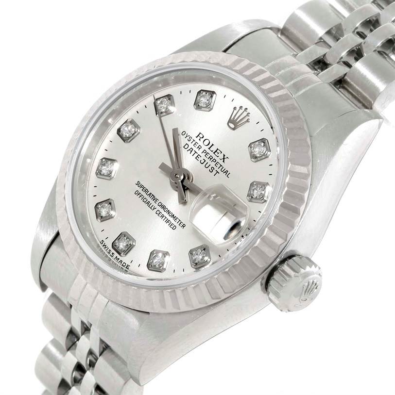 The image shows a Rolex Datejust 79174 Women's Stainless Steel Silver Dial 79174 Women's Stainless Steel Silver Dial watch from a slight side angle, highlighting the dial, bezel, crown, and part of the bracelet.
