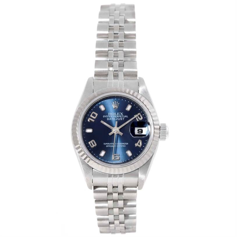 The image shows a front view of the Rolex Datejust 69174 Women's Stainless Steel Blue Dial 69174 Women's Stainless Steel Blue Dial watch, highlighting the bracelet, bezel, dial, and date display.