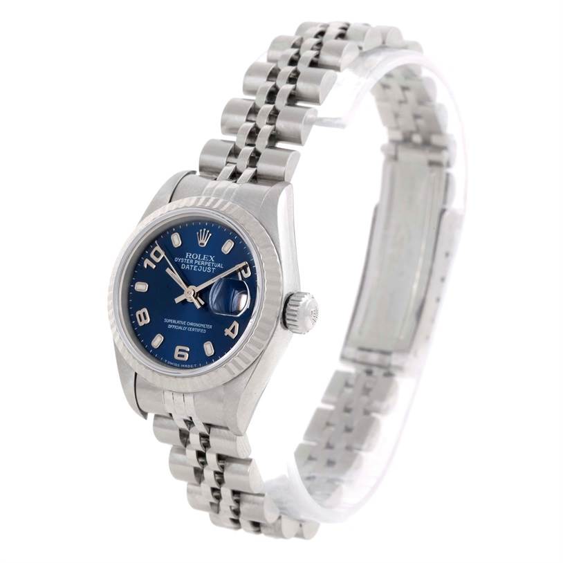 This Rolex Datejust 69174 Women's Stainless Steel Blue Dial 69174 Women's Stainless Steel Blue Dial watch is shown at a slight angle, with a focus on the dial, bezel, crown, and bracelet.