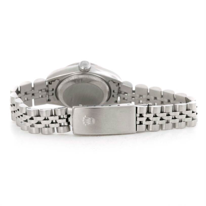 This image shows the back case and bracelet clasp of a Rolex Datejust 69174 Women's Stainless Steel Blue Dial 69174 Women's Stainless Steel Blue Dial watch from a rear angle.