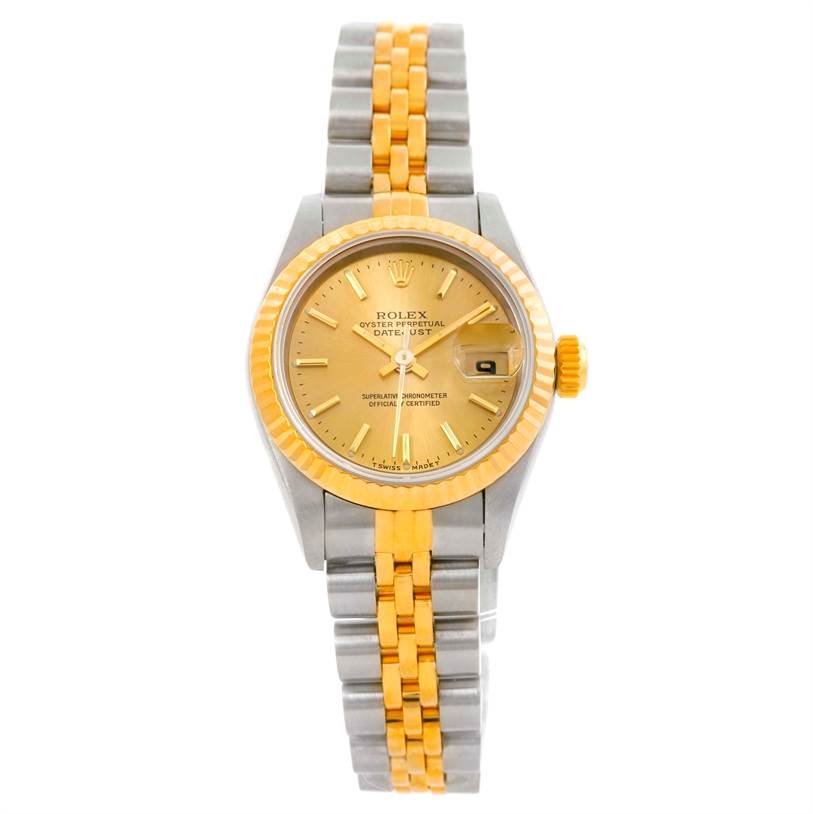 This image shows a Rolex Datejust 69173 Women's Stainless Steel Champagne Dial 69173 Women's Stainless Steel Champagne Dial watch from a front view, featuring its face, bracelet, and crown.