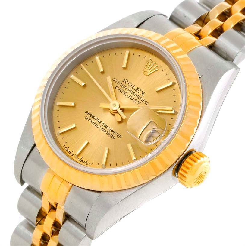 This image shows a Rolex Datejust 69173 Women's Stainless Steel Champagne Dial 69173 Women's Stainless Steel Champagne Dial watch at a slight angle, highlighting the golden dial, fluted bezel, crown, and two-tone bracelet.