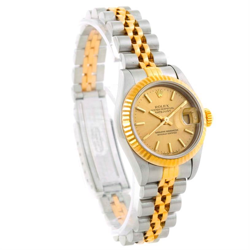 The image shows a Rolex Datejust 69173 Women's Stainless Steel Champagne Dial 69173 Women's Stainless Steel Champagne Dial watch at a slight angle, highlighting its two-tone bracelet, fluted bezel, and champagne dial.