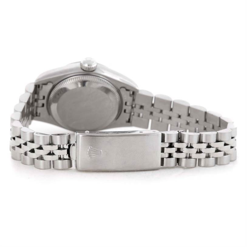 The image shows the backside and bracelet clasp of a Rolex Datejust 79174 Women's Stainless Steel Silver Dial 79174 Women's Stainless Steel Silver Dial watch.