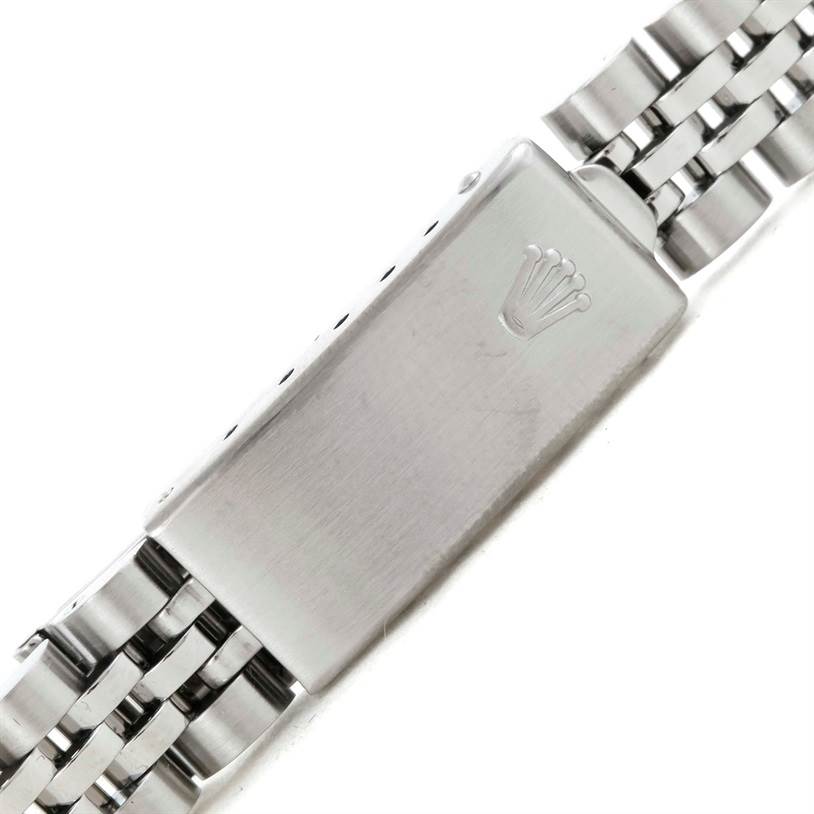 This image shows the clasp of the Rolex Datejust 79174 Women's Stainless Steel Silver Dial 79174 Women's Stainless Steel Silver Dial watch from a top-down angle.