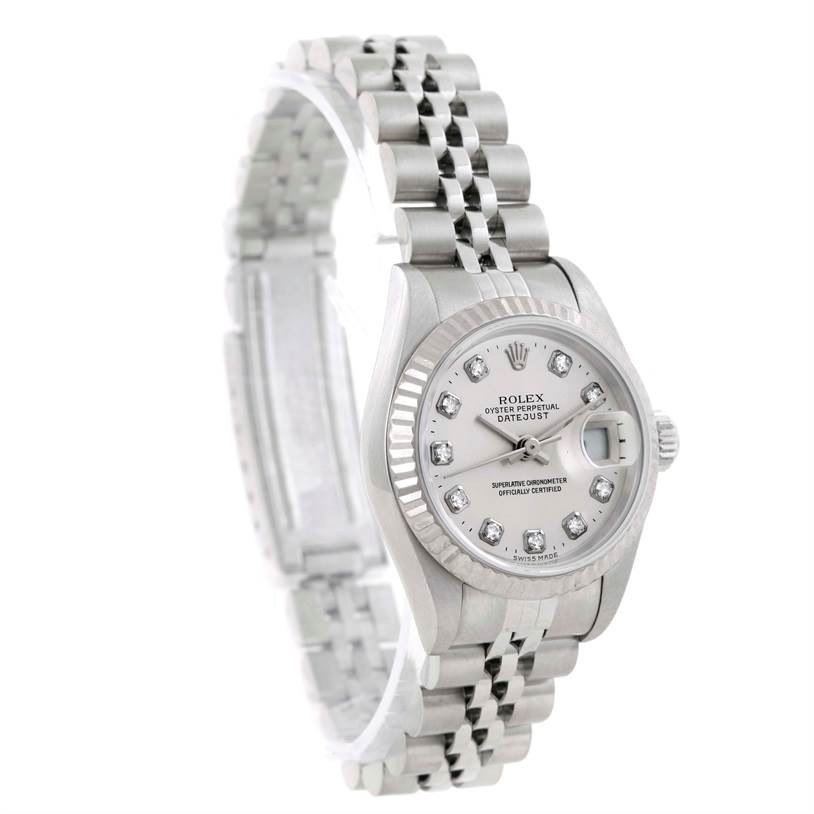 The image shows a side angle of the Rolex Datejust 79174 Women's Stainless Steel Silver Dial 79174 Women's Stainless Steel Silver Dial, highlighting its bracelet, bezel, and dial with diamond hour markers.