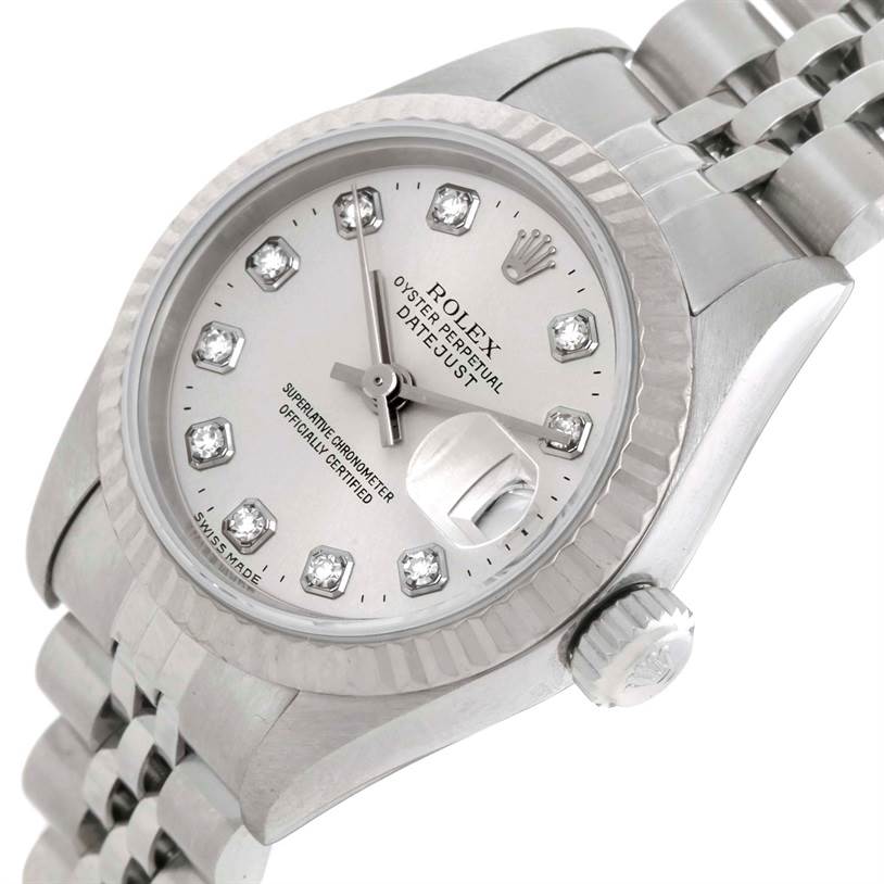 The image shows a close-up of a Rolex Datejust 79174 Women's Stainless Steel Silver Dial 79174 Women's Stainless Steel Silver Dial watch displaying the dial, bezel, crown, and part of the bracelet.