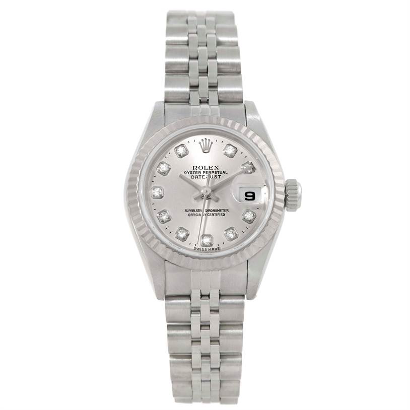 The image shows a front view of a Rolex Datejust 79174 Women's Stainless Steel Silver Dial 79174 Women's Stainless Steel Silver Dial watch displaying its face, hands, crown, and bracelet.